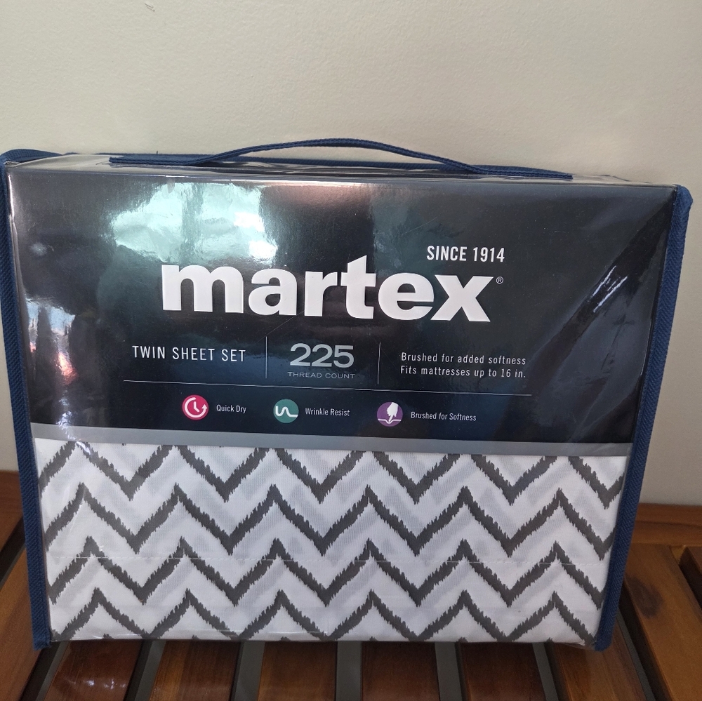 Martex 225 Thread Count Everyday Chevron Charcoal Twin Sheet Set New